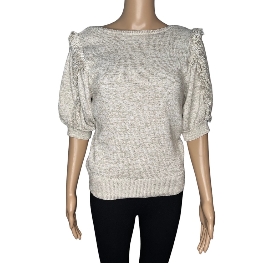 Ann Taylor women short sleeve off white metallic crewneck sweater size M